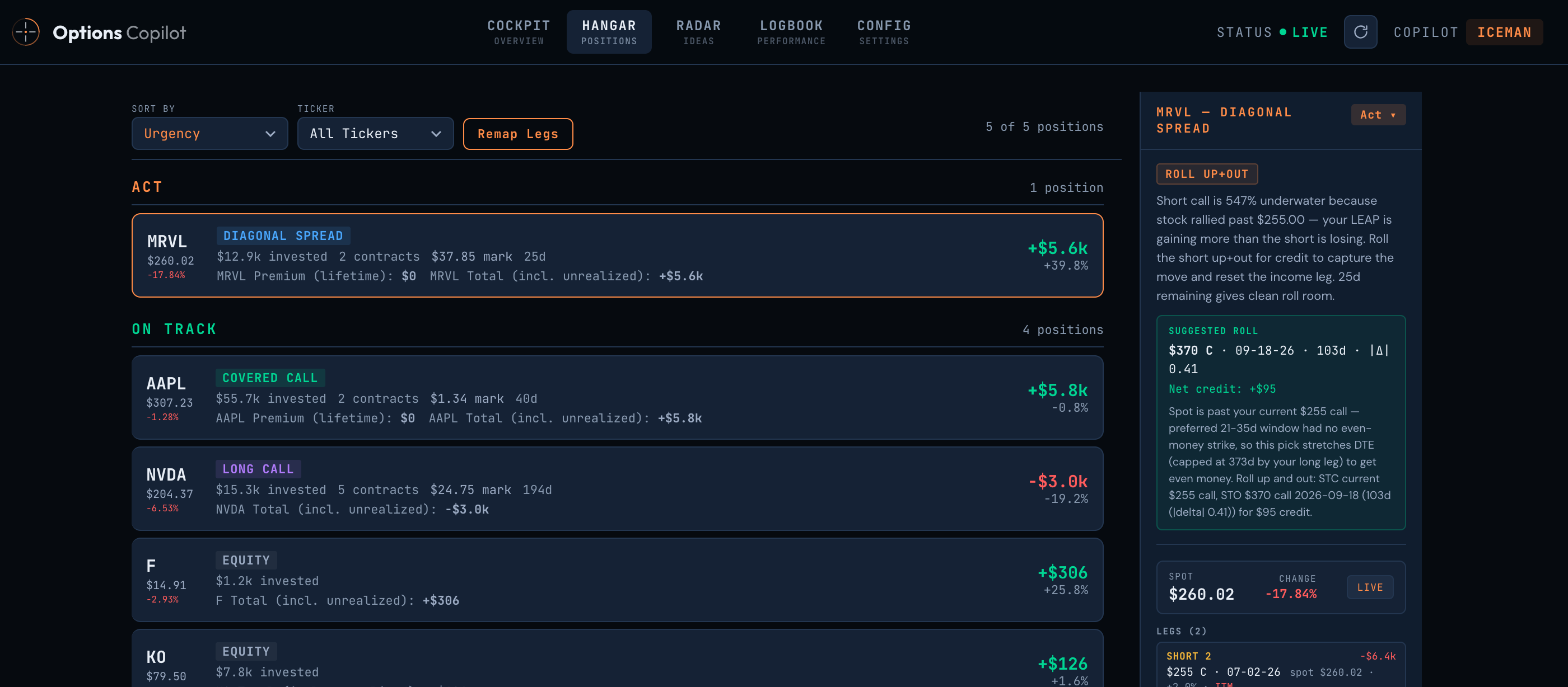 Options Copilot Hangar — positions sorted by urgency with AI guidance panel