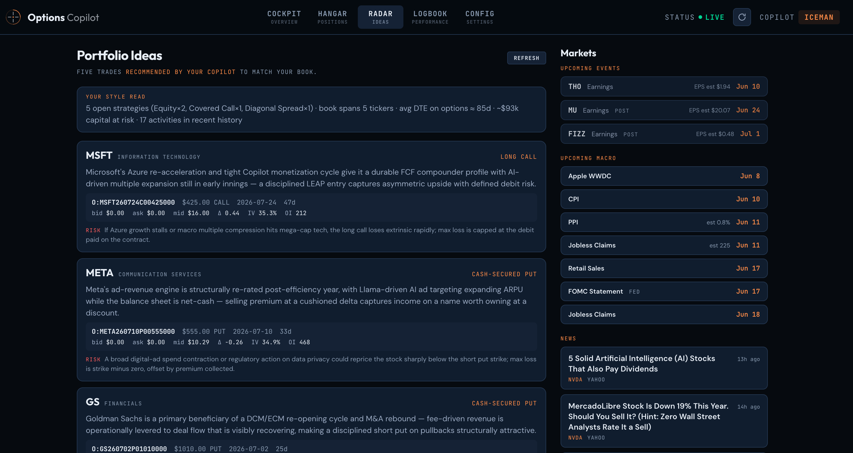 Options Copilot Radar — five curated ideas with OCC contracts, Markets sidebar with upcoming earnings, macro events, and news